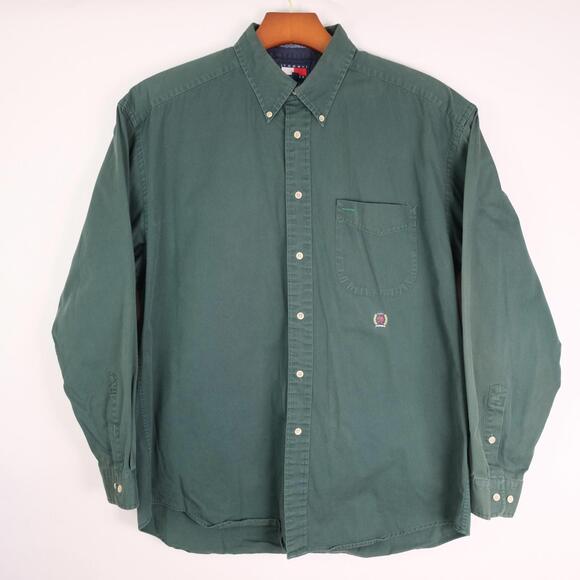 VINTAGE Tommy Hilfiger Shirt Mens Large Green Button Up Crest Logo 90s - Picture 1 of 9